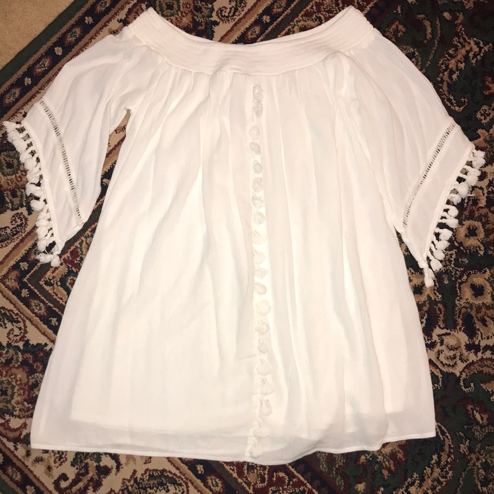 Red Camel White Lined Off Shoulder Tasseled Dress